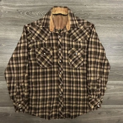 Vintage Pearl Snap Flannel Shirt Mens Medium Brown Sears Shacket Cowboy 70s - Image 1 of 4