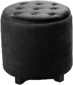 Black Matte Velvet Button-Top Storage Ottoman Round Dressing Table Stool - Picture 1 of 6