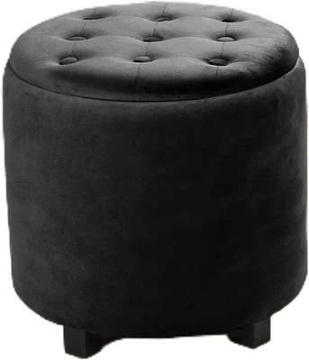 Black Matte Velvet Button-Top Storage Ottoman Round Dressing Table Stool - Image 1 of 4
