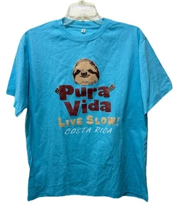Costa Rica Pura Vida “Live Slow” with Sloth Graphic Tshirt, Aqua Blue, Sz L, New - Picture 1 of 6
