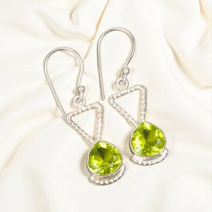 Peridot Gemstone 925 Sterling Silver Women Jewelry Handmade Gift Earrings 1.62" - Picture 1 of 6