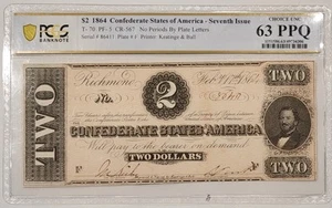 T-70 PF-5 1864 $2 Confederate Paper Money - PCGS Choice Unc 63 PPQ - Picture 1 of 2