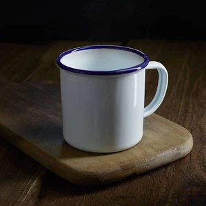 2 x Falconware White Large Enamel Blue Rim Mugs Tea Coffee Soup 9cm 500ml - Picture 1 of 6