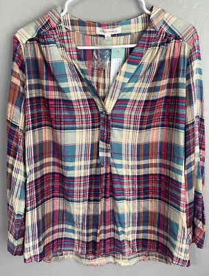 Honey Punch Womens Top Large Plaid Tab Sleeve Button Down Pink New With Tags - Image 1 of 4
