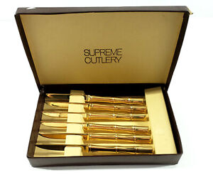 6 Towle Supreme Cutlery Gold Electroplate Bamboo Flatware Knife Set w Box 6.25"