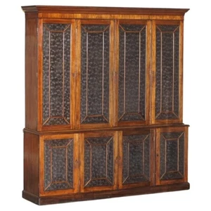 STUNNING ANTIQUE VICTORIAN MAHOGANY & EMBOSSED LEATHER LIBRARY BOOKCASE CUPBOARD - Picture 1 of 22