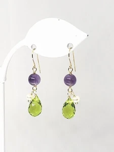 14k Yellow Gold Amethyst Pearl and Sim Peridot Briolette Cluster Dangle Earrings - Picture 1 of 5