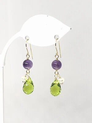14k Yellow Gold Amethyst Pearl and Sim Peridot Briolette Cluster Dangle Earrings - Image 1 of 4