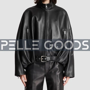 Chaqueta de cuero con globo negra de gran tamaño para mujer Abrigo elegante con cinturón y cuello alto - Imagen 1 de 6