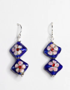 Cloisonné Chinese Japanese Oriental Dark Blue Flower Diamond Shape Earrings 1.5" - Picture 1 of 5