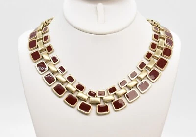 Collar Gargantilla 16" Vintage Satinado Oro-T Doble Fila Rojo Esmalte Rectángulo Collar Foto 1 de 3