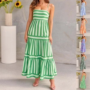 Summer Striped Printed Suspender Long Dress With Pockets Fashion Square Neck Bac - Picture 1 of 8