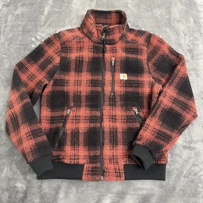 Carhartt Youth Small 4/6 Plaid Sherpa Burnt Orange Black Full Zip Mock Neck - Image 1 of 4