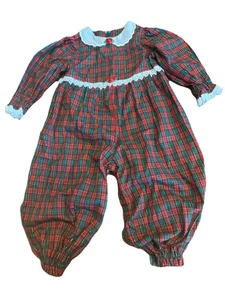 VTG Girls Baby Bubble Romper Tartan Red Green Plaid Christmas 80s 18 Months - Picture 1 of 8