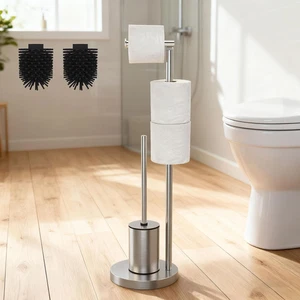 Porta Carta Igienica Da Terra Con 2 Scopino, Piantana Portarotolo per Bagno WC C - Foto 1 di 7