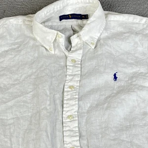 Ralph Lauren Shirt Men XL White Linen Button Down Short Sleeve Oxford Blue Pony - Picture 1 of 16