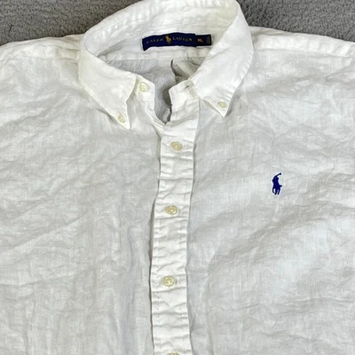 Ralph Lauren Shirt Men XL White Linen Button Down Short Sleeve Oxford Blue Pony - Image 1 of 4
