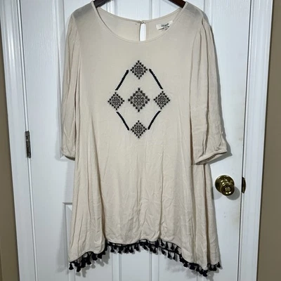 Umgee EE. UU. Borla Boho Túnica Top Blusa Vestido Borlas Marfil y Azul Marino Talla L Foto 1 de 4