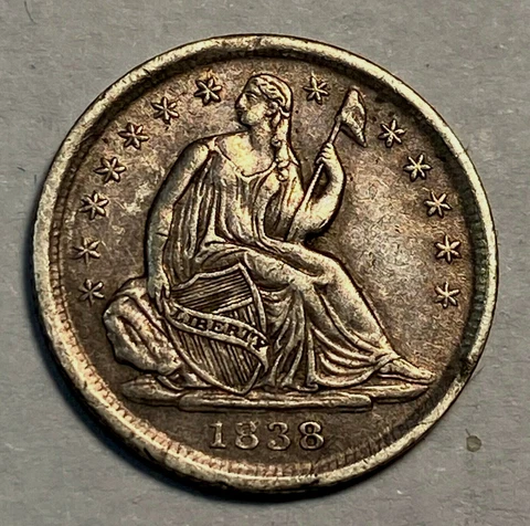 1838 No Drapery Small Stars Half Dime Nice Original AU CHRC Cover