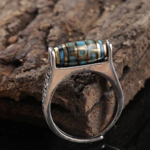 A24 Ring Tibetan Dzi-Perle Screwbar Lucky Charm Silver 925 Turquoise Adjustable - Imagen 1 de 8