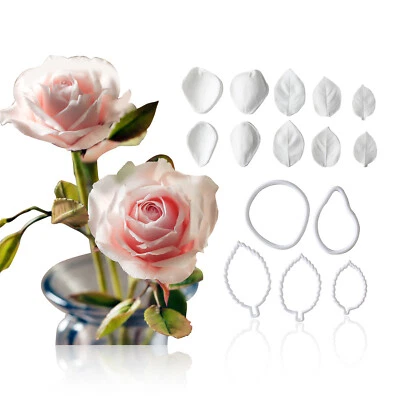 Juego de moldes de fondant con flores de rosa hágalo usted mismo artesanía molde de pétalos de silicona cortadores de plástico Foto 1 de 4