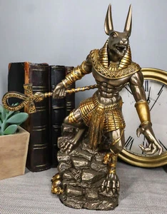 Egyptian Jackal God Anubis With Ankh Spear On Skull Graveyard Bronzed Figurine - Picture 1 of 8