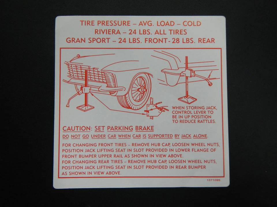 1965 Buick Riviera Gran Sport GS Trunk Bumper Jack Instructions Decal 65 NEW - Image 1 of 1
