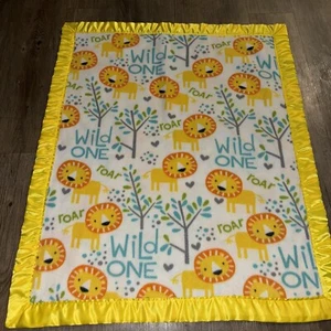 Vintage Baby Blanket Satin Trim Lion Trees Roar Wild One Handmade Bright Yellow - Picture 1 of 6