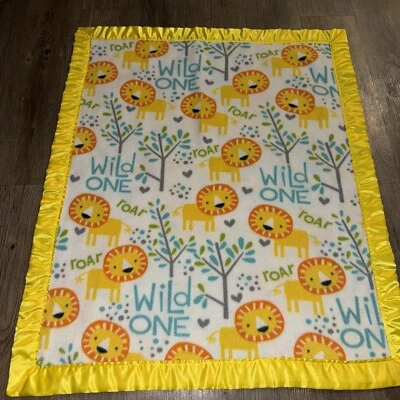 Manta de bebé vintage satinada árbol león rugido salvaje hecha a mano amarillo brillante Foto 1 de 4