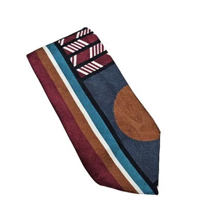 Halston III Men Retro Geometric Pattern Silk Tie Multicolor Burgundy Navy Orange - Picture 1 of 4