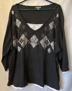 Women’s Essentials Argyle Sweater Shirt Layered Preppy Academia Size 2XL - Picture 1 of 6