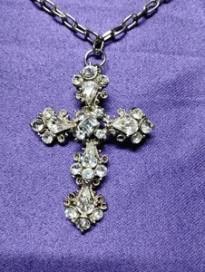 Silver Tone Rhinestone Cross Chain Pendant Necklace 22" - Picture 1 of 15