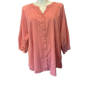 Cato Women’s Plus 22/24W Coral 3/4 Sleeve Button Shirt Top 100% Cotton - Picture 1 of 8