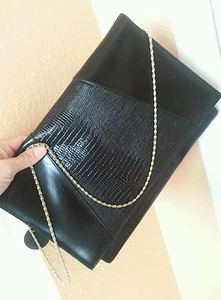 Vintage Ande Envelope Clutch Shoulder Handbag Chain Purse Black Leather 1980's - Bild 1 von 8