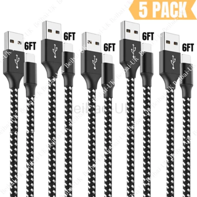 5 Pack 6Ft Charging USB Data Cord Heavy Duty Fast Charger Cable For iPhone 11 8 - Image 1 of 4