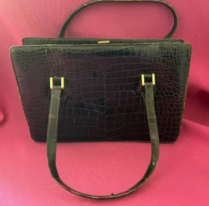 Beau sac à main en croco marron griffé Berma Paris  années 1950 - Picture 1 of 9