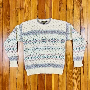 Vintage Eddie Bauer Black Label Wool Blend Nordic Fair Isle Snowflake Sweater - Picture 1 of 5
