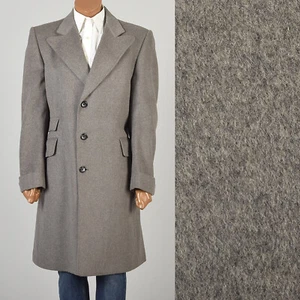 Large 1970s Light Gray Collared Coat with Sage Green Lining Button Front - Picture 1 of 11