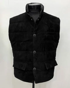 Kiton Men's Genuine Suede Black Leather Puffer Vest Waistcoat Gilet - Picture 1 of 4