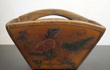 Antique Primitive Asian Japanese Yellow Lacquer Wood Basket Hand Painted 4.5"