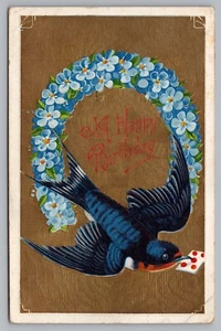 Postkarte A Happy Birthday blauer Vogel Blume Hufeisen gold vergoldeter Hintergrund - Bild 1 von 2