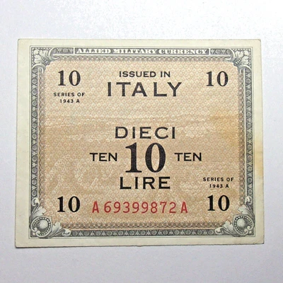 10 Lire Italy 1943-A Series Allied Military Currency Note from World War 2 AU+ - Image 1 of 2