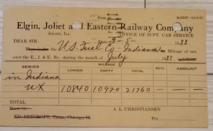 1933 Elgin Joliet & Eastern Railway Company US Fuel Co Receipt IL - Picture 1 of 2