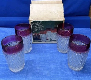 Juego de 4 vasos de cristal enfriadores de 15 oz banda rubí punta diamante vidrio Indiana vintage - Imagen 1 de 10