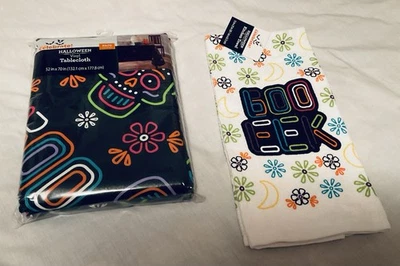 WAY TO CELEBRATE! Neon Skull Halloween Vinyl Table Cloth 52” X 70” + Towel - Image 1 of 4