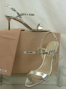 NEW MIU MIU PRADA 5X008C SILVER CRACLE LEATHER JEWELED STRAP SANDALS PUMPS 37.5 - Picture 1 of 12