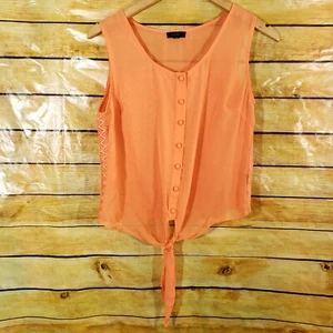 Woman's Edge Size M Coral Lace Button Boho Hippie Peasant Top Tie Hem Tank - Picture 1 of 8