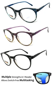 Keyhole Round Multi Focus Reading Glasses 3 Strengths in 1 Reader Colorful Frame - Picture 1 of 12