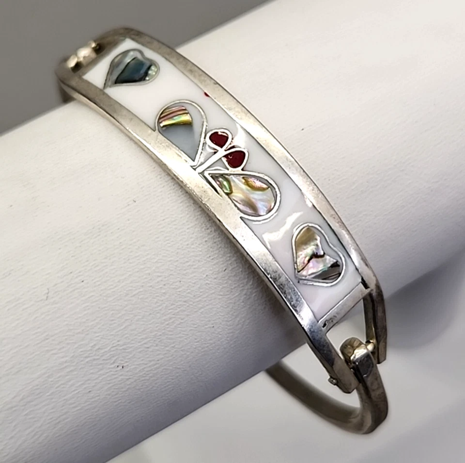 Pulsera Bisagras México Vintage Corazones Abulón Incrustación Esmalte Blanco 6.5" Foto 1 de 4