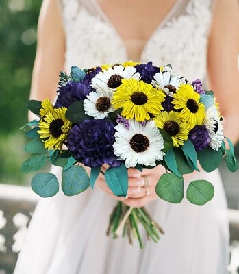 Purple Yellow Daisy Bridal Bouquet Sunflower Sola Wood Bridesmaid Wedding Flower - Image 1 of 4